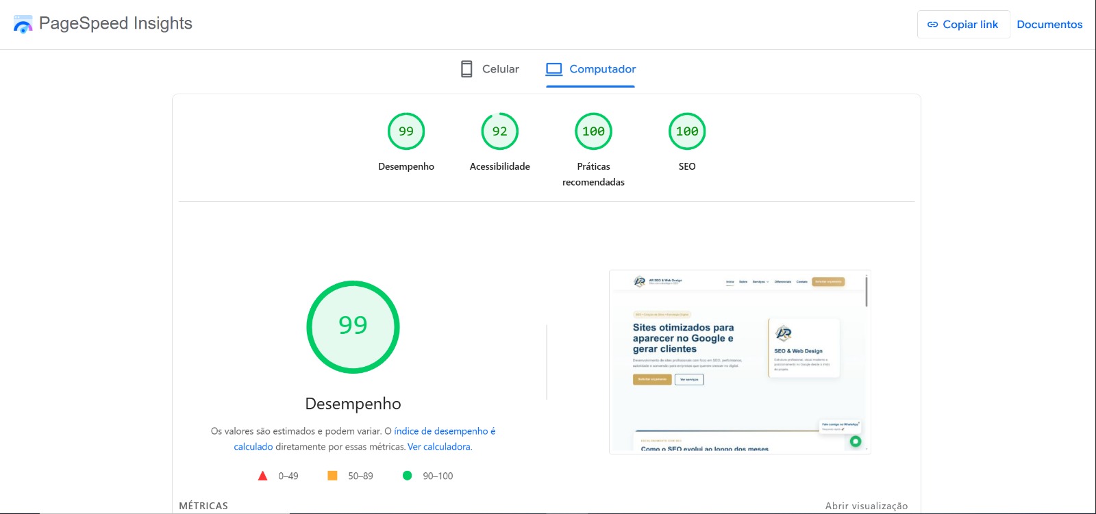 Resultado PageSpeed com alta performance